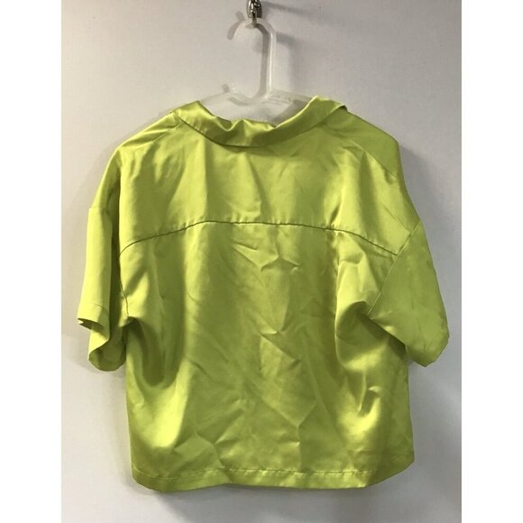 Ro & De Silky Neon Green Cropped Button Up Blouse Size XL  Shirt 💚 - Picture 2 of 4